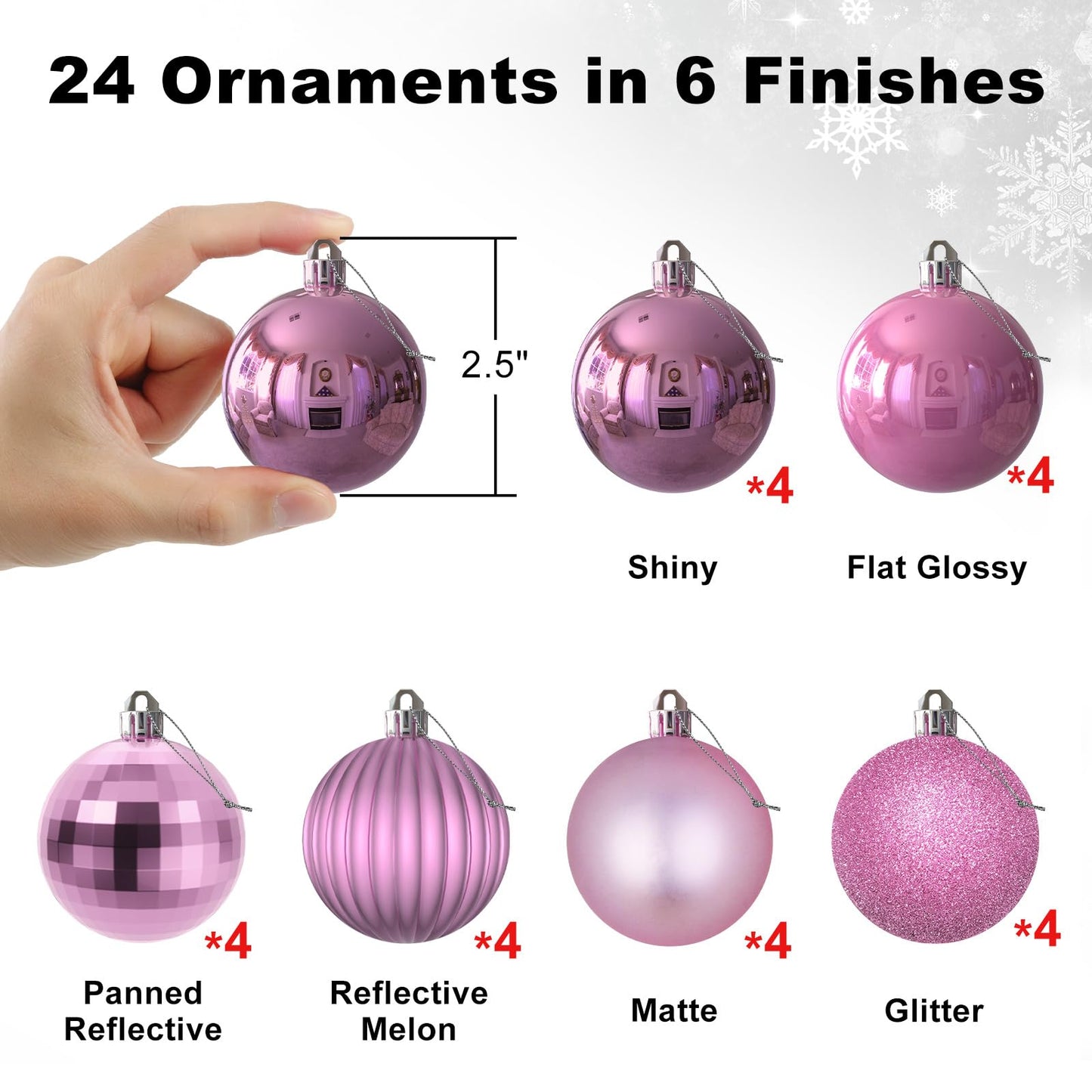 GameXcel 24Pcs Christmas Balls Ornaments for Xmas Tree - Shatterproof Christmas Tree Decorations Medium Size Hanging Ball Pink 2.5 inch x 24 Pack inch