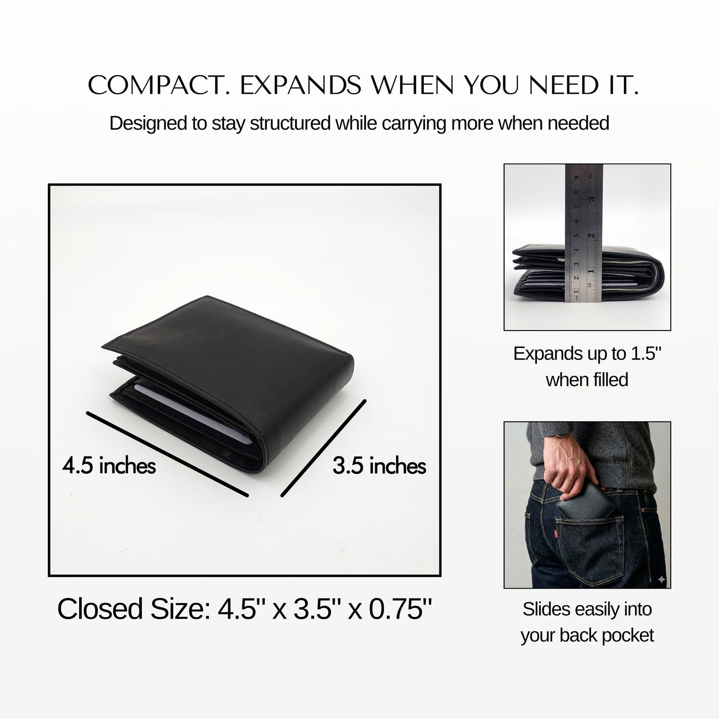 AG Wallets Men’s Bifold Leather Wallet with Double Center Flap, 3 ID Windows, RFID Blocking, Zipper Coin Pocket - Slim Men’s Wallet, Black