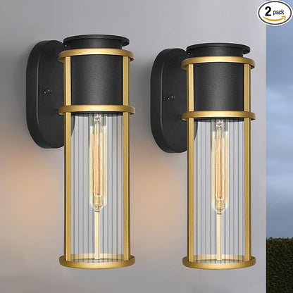 ALVIME 2 Pack Outdoor Wall Lights, Waterproof Exterior Lighting Fixtures, Sand Gold Anti-Rust Exterior Sconce Light for Front Door, Porch, Patio, Garage, Indoor, Bed Room, Clear Ribbed Glass, E26 Base