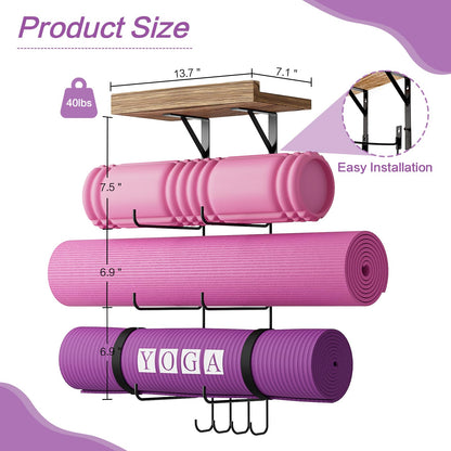 Bikoney Yoga Mat Holder Wall Mount Yoga Mat Storage Home Gym Accessories with Wood Floating Shelves and 4 Hooks for Hanging Foam Roller and Resistance Bands Fitness Home Gym Carbonized Black