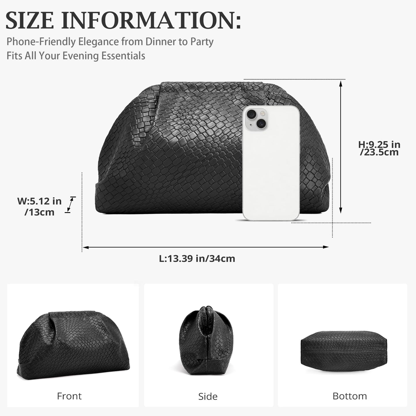 Sumrains Woven Evening Bag for Women: Elegant Dumpling Clutch Purse - Vegan Leather Handbag for Party Wedding, No Strap (Black)
