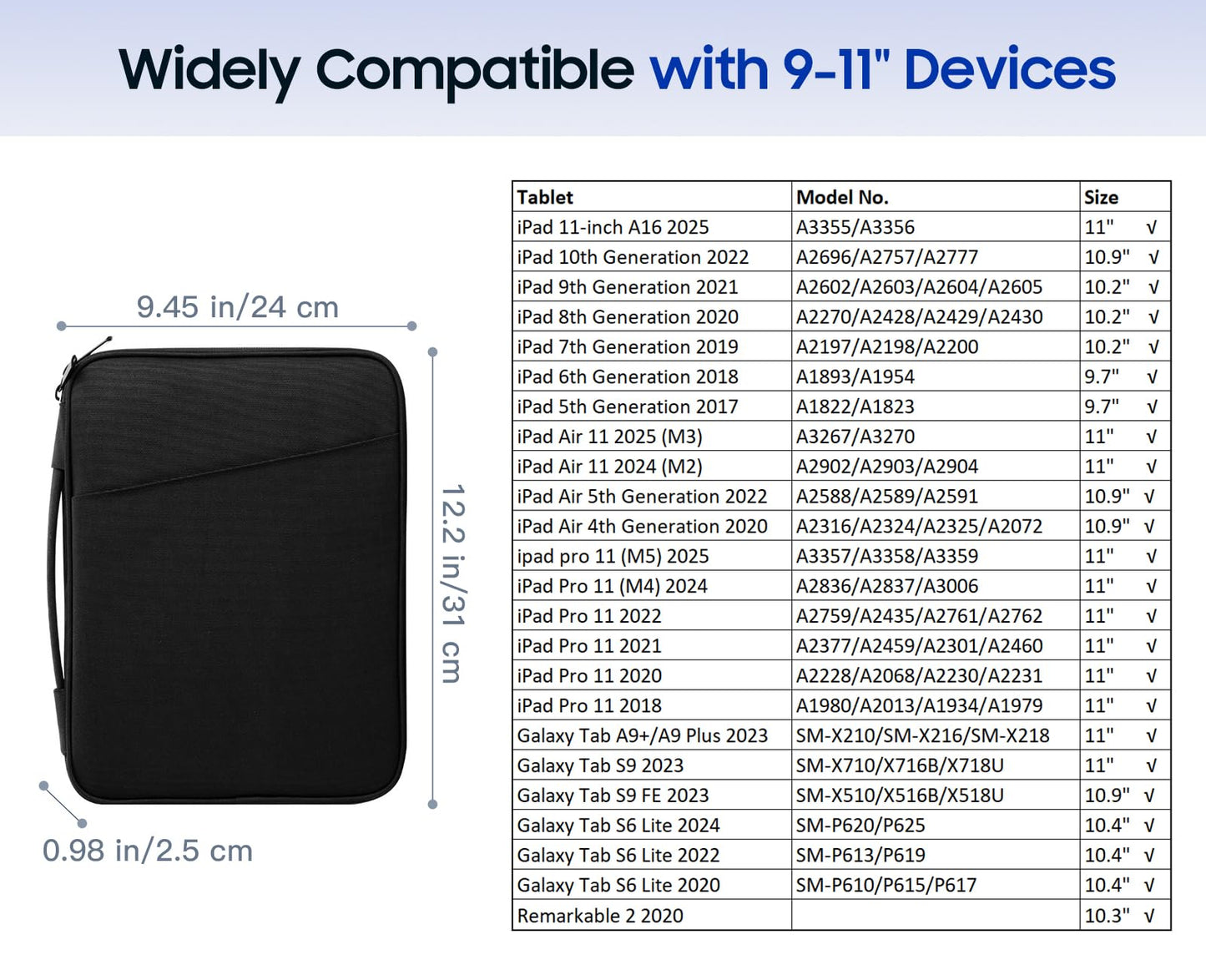 TiMOVO 9-11" Tablet Sleeve Bag for iPad 11-inch A16 2025, iPad 10.9"/10.2"| Air 11 Inch/5th/4th Gen. 10.9", Galaxy Tab A9+/A11Plus 11", Protective Bag with Pockets, Black