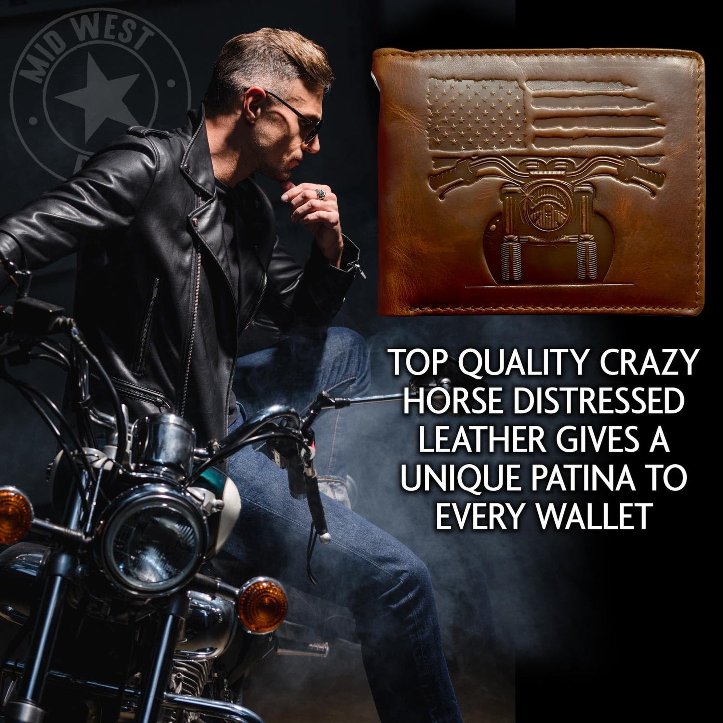 MID WEST RANGE Father's Day Wallet - Patriotic Biker Bifold Wallet with Chain for Men – Distressed Brown Leather, RFID-Blocking w. 10 Card Slots, Flip-Out ID Holder, American Flag & Motorcycle Design