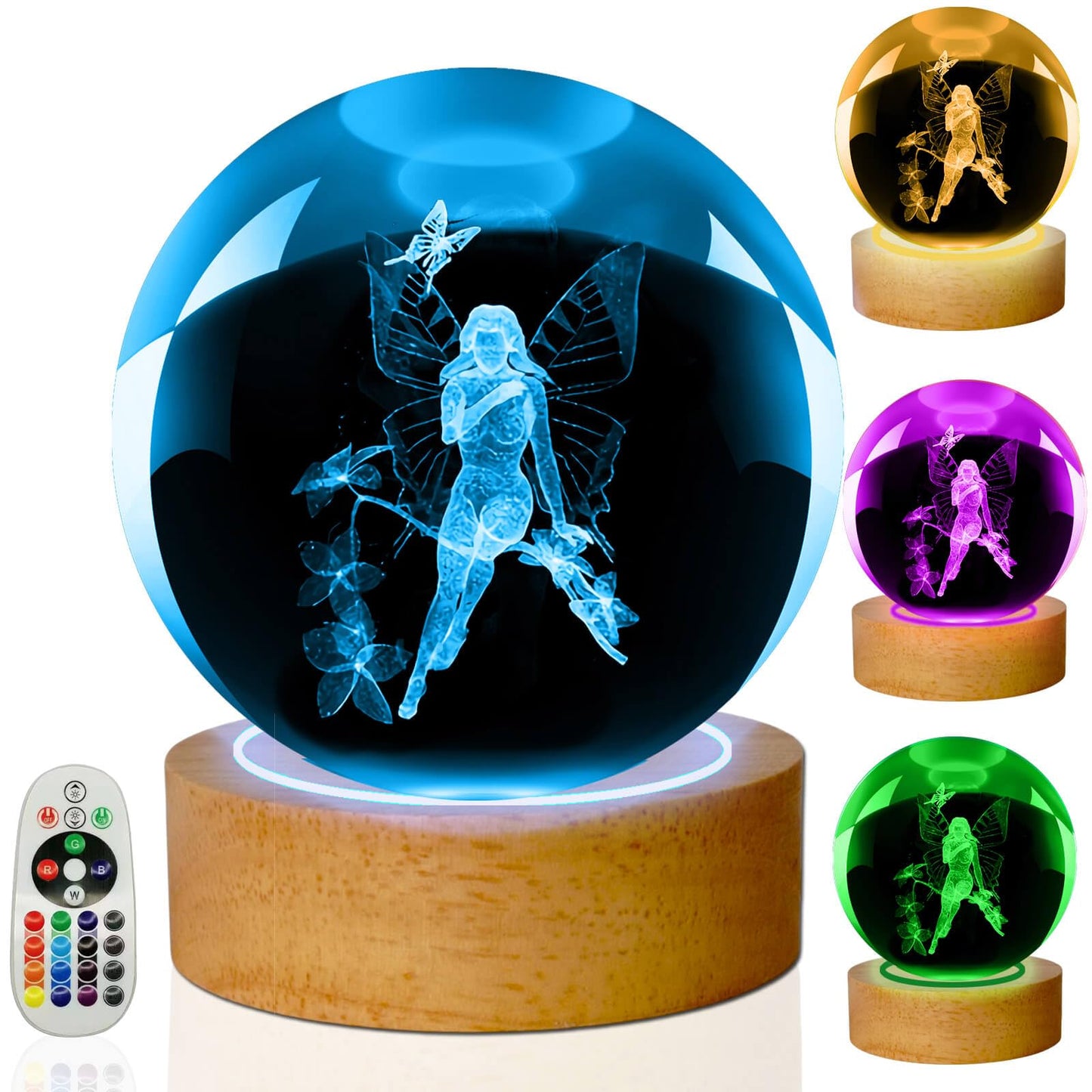 LINSINA 3D Butterfly Lamp, 3.15in 16 Colors Crystal Ball Night Light with Wooden Base and Remote Control, Birthday and Fairy Gifts for Women Men Kids (Fairy)