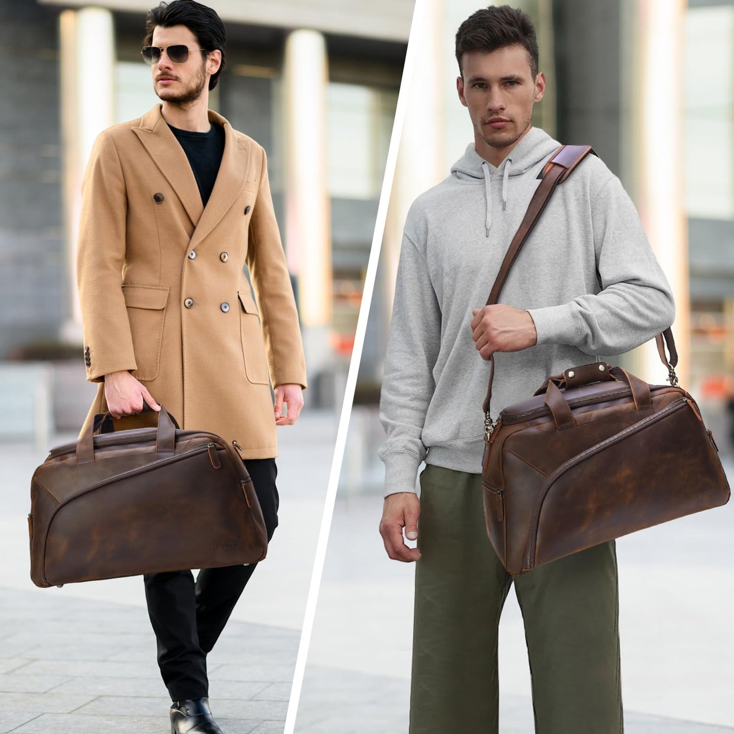 TIDING Full Grain Leather Duffle Bag for Men - 20 Inch TSA Approved Carry On Weekender Overnight Travel Duffel Bags