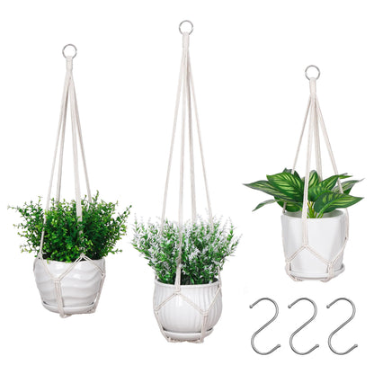 YIBOT 3 Pack Macrame Plant Hanger Indoor Hanging Planter Basket with 3 Hooks, 35"/29"/23" Crochet Plant Holder Stand No Tassels for Indoor Outdoor Boho Home Decor, Ivory (POTS NOT Included)