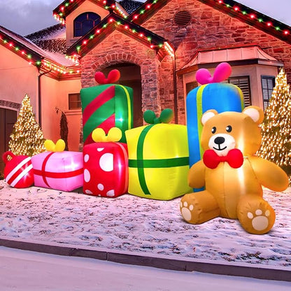 KOOY 10FT Giant Christmas Inflatables Outdoor Decorations Gift Boxes And Bear,Blow up Yard Decorations With LED Light For Xmas Outdoor Decorations Inflatable For Holiday Party Garden Lawn Winter Décor
