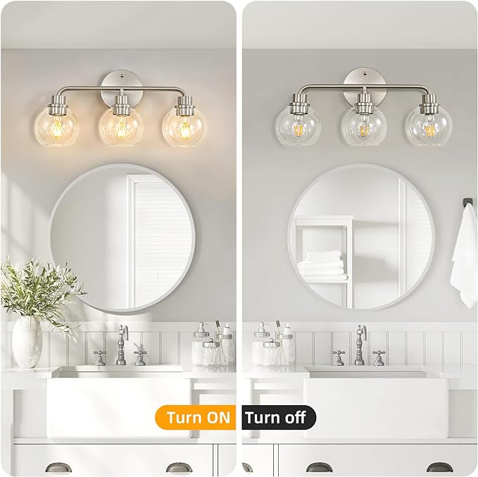 3 Light Bathroom Vanity Light Fixtures, Brushed Nickel Vanity Lights with Clear Globe Glass Shades, Modern Bathroom Lights Wall Sconce Wall Lamp for Mirror Living Room Kitchen Bedroom Hallway