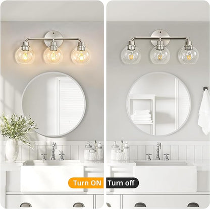 3 Light Bathroom Vanity Light Fixtures, Brushed Nickel Vanity Lights with Clear Globe Glass Shades, Modern Bathroom Lights Wall Sconce Wall Lamp for Mirror Living Room Kitchen Bedroom Hallway