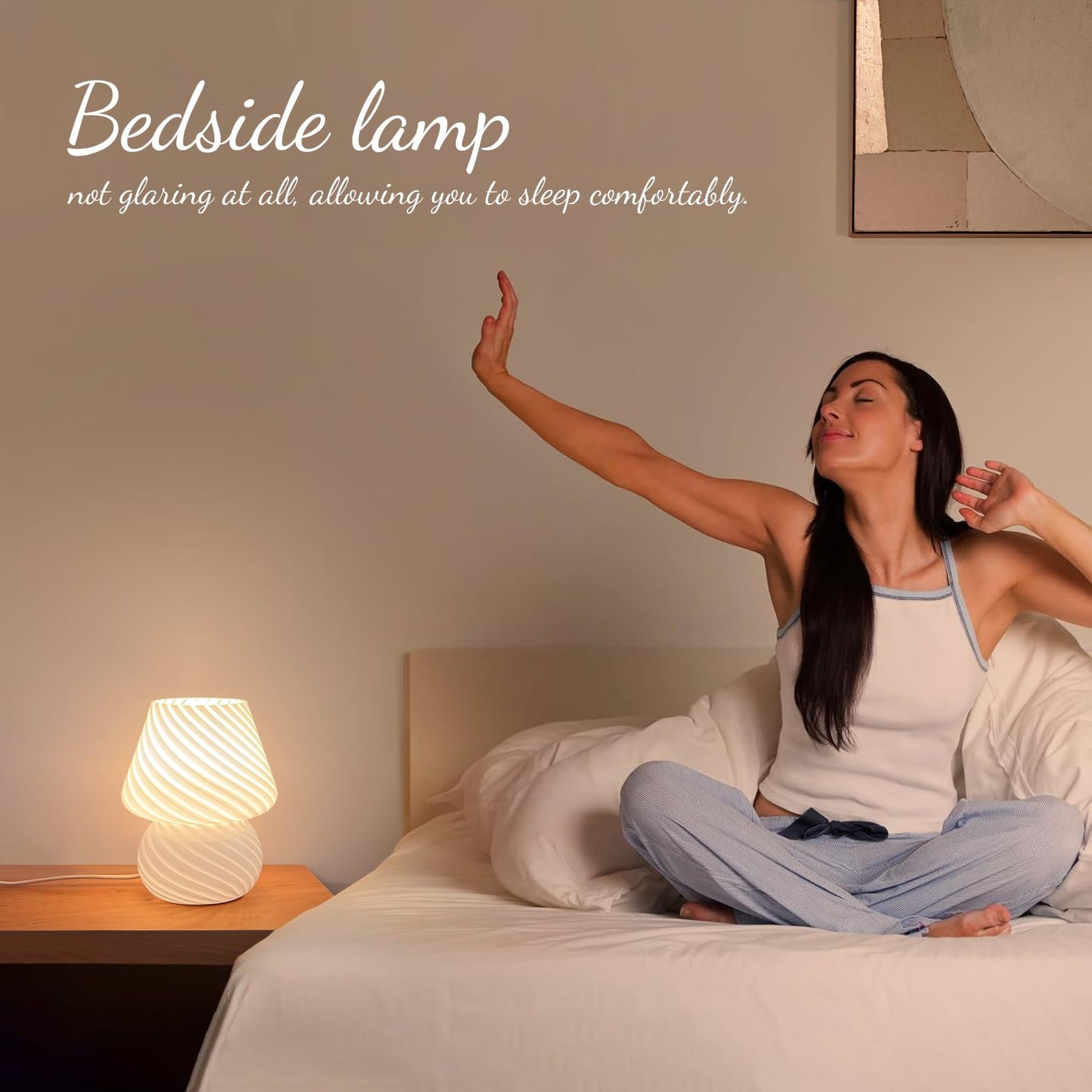ONEWISH Mushroom Lamps Set of 2 - Small Bedside Table Lamp with Striped Glass, Nightstand Lamp for Bedroom, Living Room, Bulb Included(White)