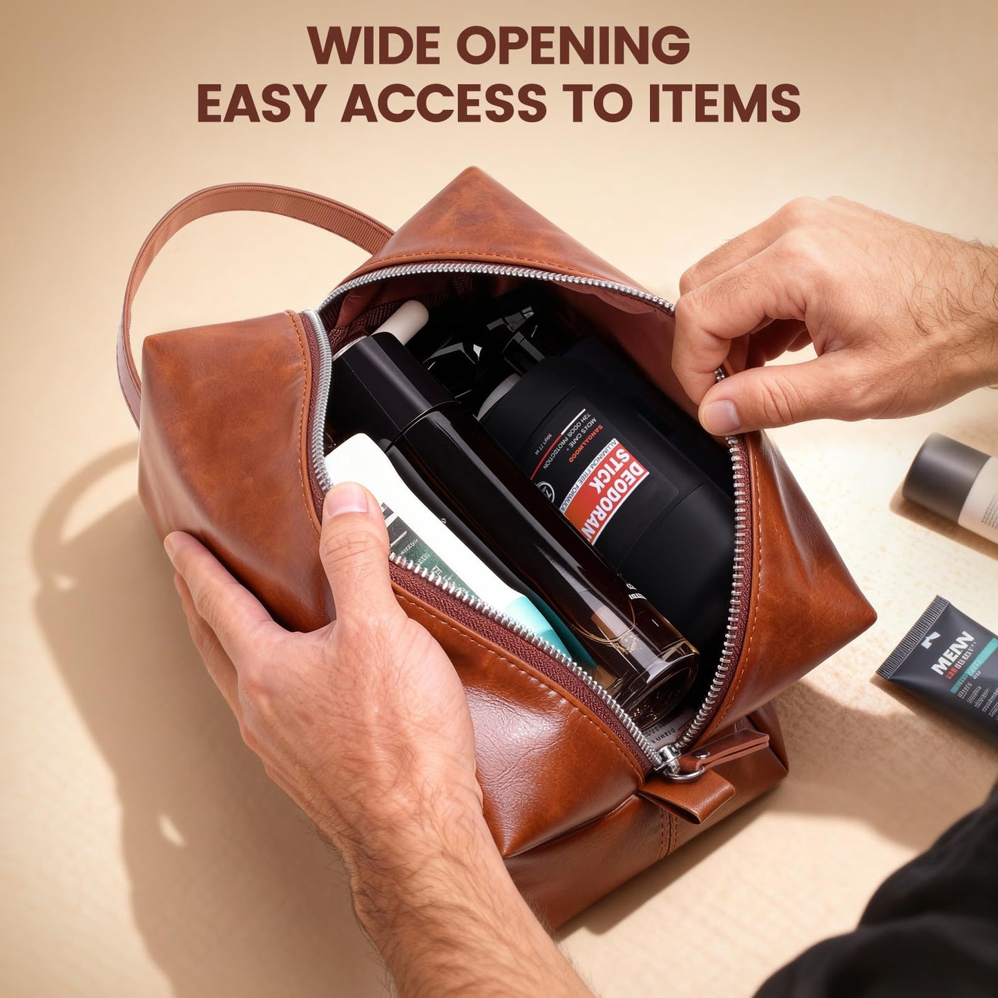 Mens Toiletry Travel bag,Personalized Toiletry Bag for Men,Water Resistant PU Leather Toiletry bag Men,Brown Toiletries Travel Bag for Shaving,Birthday Gifts for Men Him Father Husband Dad -M