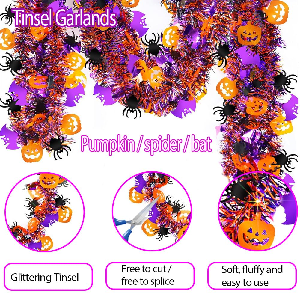 33 Ft Halloween Tinsel Garland with Orange Pumpkin Black Spider Purple Bat Glitter Fall Tinsel Garland Halloween Tree Ornaments for Home Indoor Outdoor Party Decorations