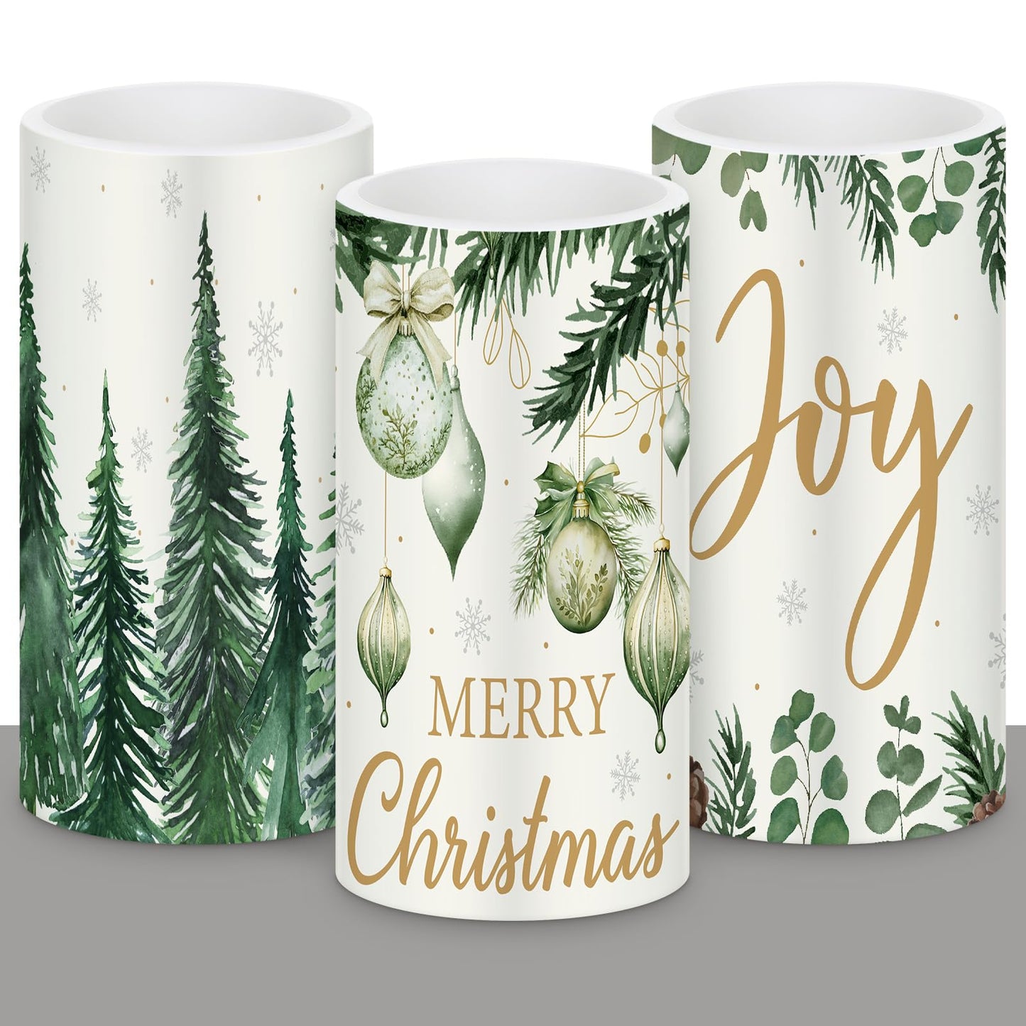 Retisee 3 Pcs Green Christmas Flameless Candles Pine Christmas Battery Operated LED Candles with Remote Green Xmas Decorations Centerpiece for Holiday Bedroom Living Room Xmas Home Decor