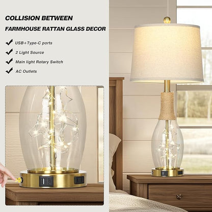 27.5" Coastal Glass Table Lamps Set of 2, Touch Control 3-Way Dimmable Modern Table Lamps with USB A+C Ports & AC Outlets, Farmhouse Rustic Boho Vintage Night Light for Living Room Bedroom Gold Ocean