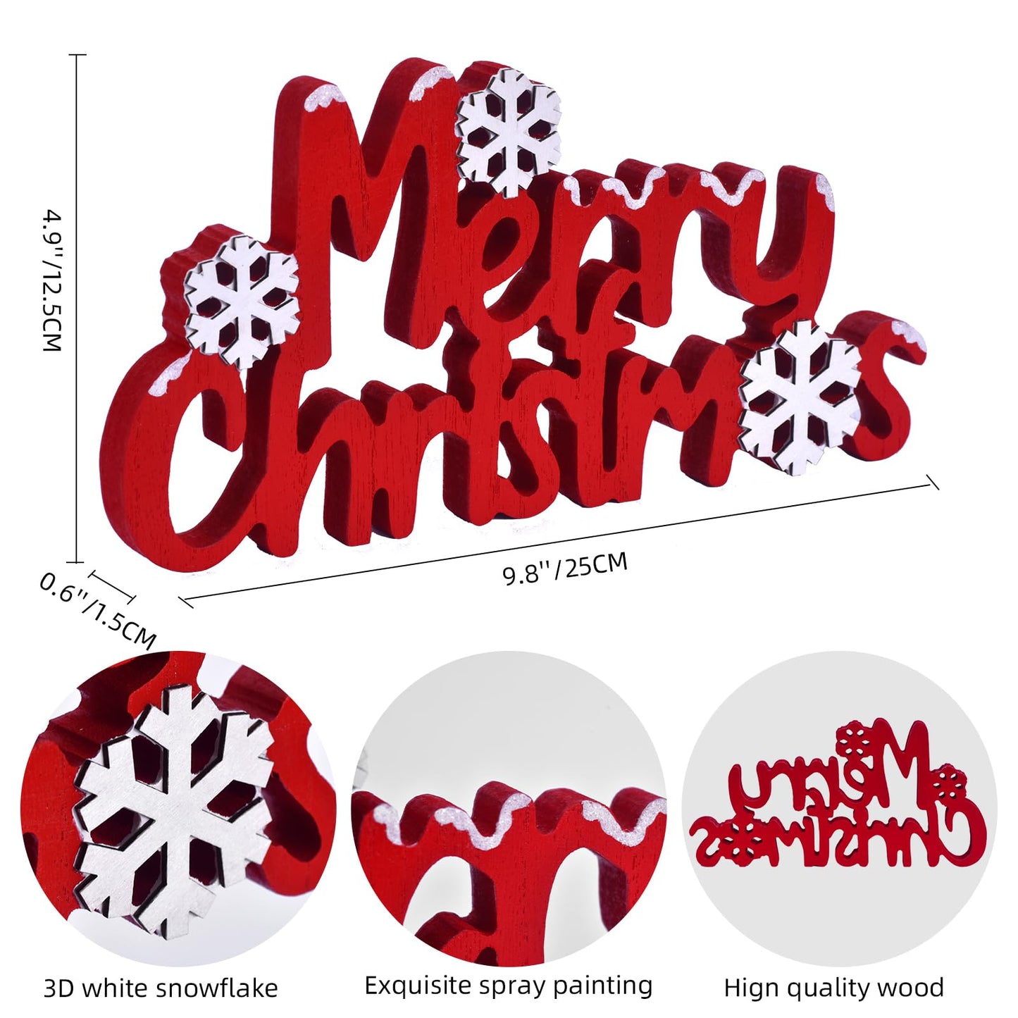 Merry Christmas Sign Wooden Tabletop Decoration, Freestanding Christmas Shelf Decor with 3D Snowflake, Red and White Xmas Decorations for Home, Mantle, Tiered Tray (Red)