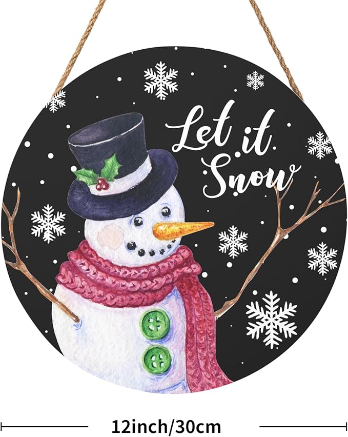 Winter Snowman Sign for Front Door Christmas Snowflake Wood Door Hanger 12"x12" Holiday Welcome Decorations Rustic Snowflakes Black Winter Wreath Wall Hanging Decoration for Home Wall Porch Yard Garden