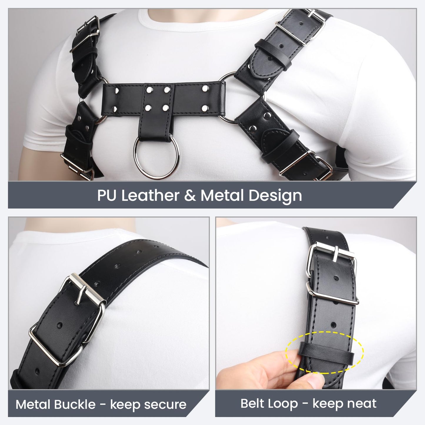 Brycarely Mens PU Leather Chest Harness Costume Cosplay Top with Chains, Adjustable Body Harness Shoulder Straps Male Punk Fashion Steatement Rave Outfit for Music Festival Party Halloween Cosplay