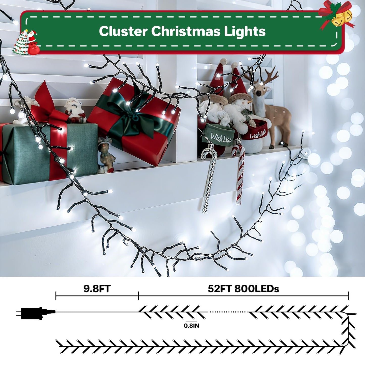 Christmas Cluster Lights Plug-in -52FT 800 LED Firecrackers String Lights,8 Modes Timer Waterproof Twinkle Fairy Lights for Christmas Tree Garland Party (Cool White)