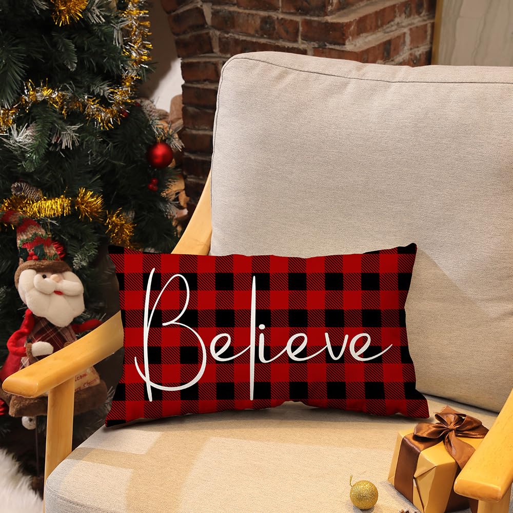 DFXSZ Christmas Throw Pillow Covers 12x20 Inch Set of 2 Merry Christmas Farmhouse Decorations Believe Holiday Decor Throw Cushion Case for Home Couch