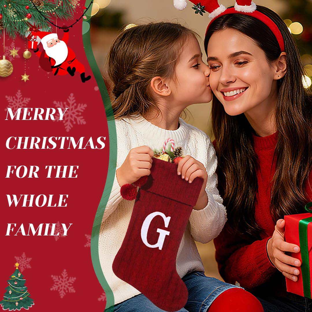 Pxniy Personalized Christmas Stocking 19 Inch - Burgundy Cable Knit with Monogram Embroidery & Pom Poms, Family Fireplace Hanger for Holiday Decor, Burgundy Letter B