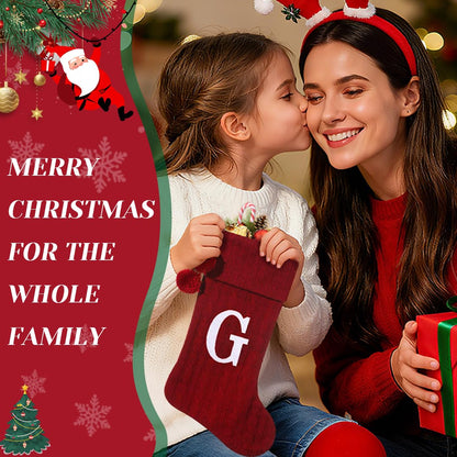 Pxniy Personalized Christmas Stocking 19 Inch - Burgundy Cable Knit with Monogram Embroidery & Pom Poms, Family Fireplace Hanger for Holiday Decor, Burgundy Letter B