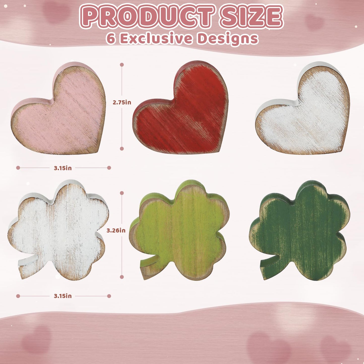 PAIVSUN 6Pcs Valentine's Day/St.Patrick's Day Tiered Tray Decorations, Double-Sided Distressed Heart and Shamrock Wooden Signs Clover Table Decor for Home Office Tabletop (Retro Mix)