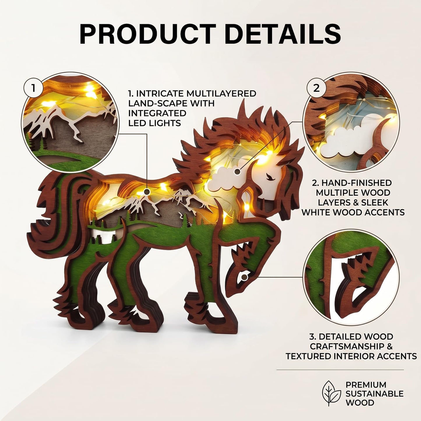 Drawelry 3D Wood Carving Animals Lamp Home Decorative, Cute Bear Family Elephant Presents Ideas Christmas Living Room Office Decor Warm LED Night Lights Gift for Friend Daughter Son Mom Dad (Horse)