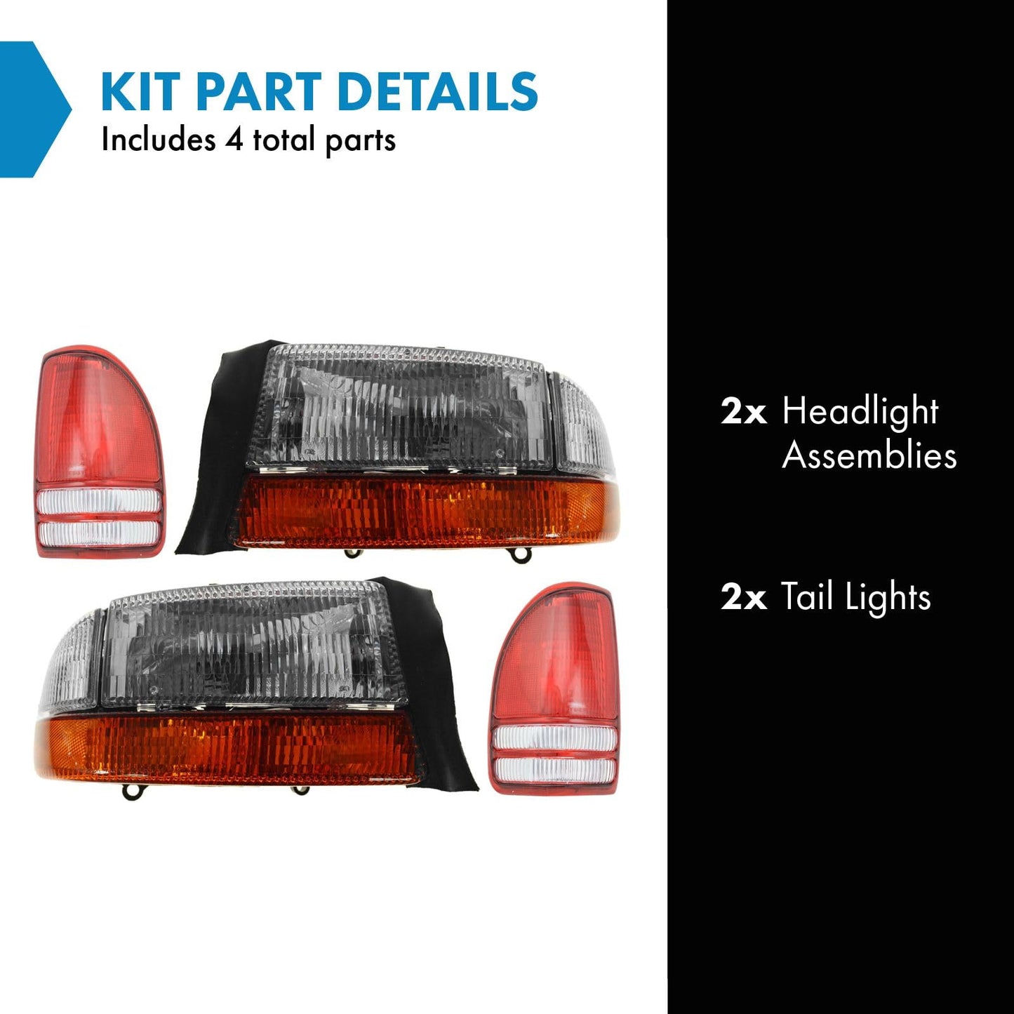 TRQ Headlight Tail Light Assembly Set for 1997-2004 Dakota, Model LKA55955, Driver & Passenger Side