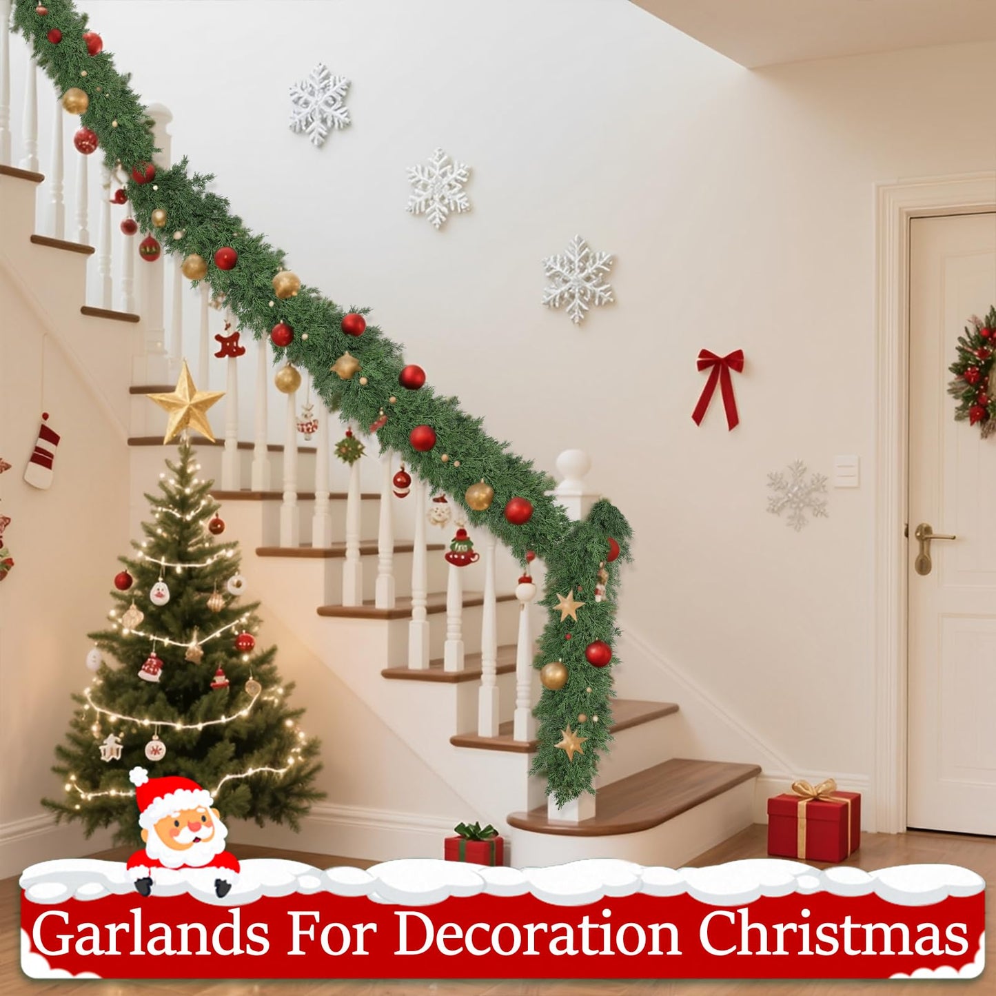 9Ft Christmas Garland Realistic Fuller,Natural Droopy,Bendable Stairs Railing Mantle Garland for Table Mantle Wall, Indoor Outdoor Lifelike Christmas Cedar Pine Decorations (Pine)