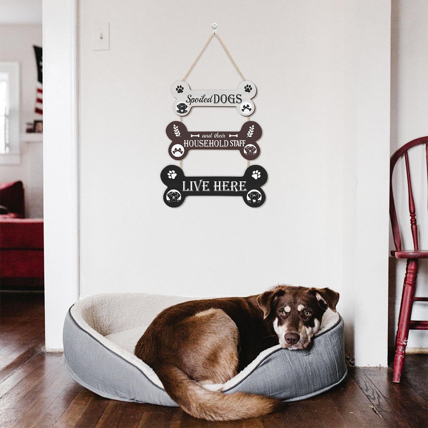HLNIUC Funny Dog Wooden Sign,Spoiled Dogs Door Sign And Their Household Staff Live Here Wall Decor,Bone Shape Hanging Plaque for Porch Front Door,Dog Welcome People Tolerated Plaque for Dogs Lovers