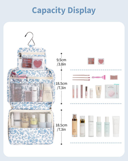 Narwey Small Hanging Travel Toiletry Bag for Women, Travel Bag for Toiletries, Floral Makeup Bag Organizer Cute Cosmetic Bags Make Up Bags for Girls (Little Blue Flower)