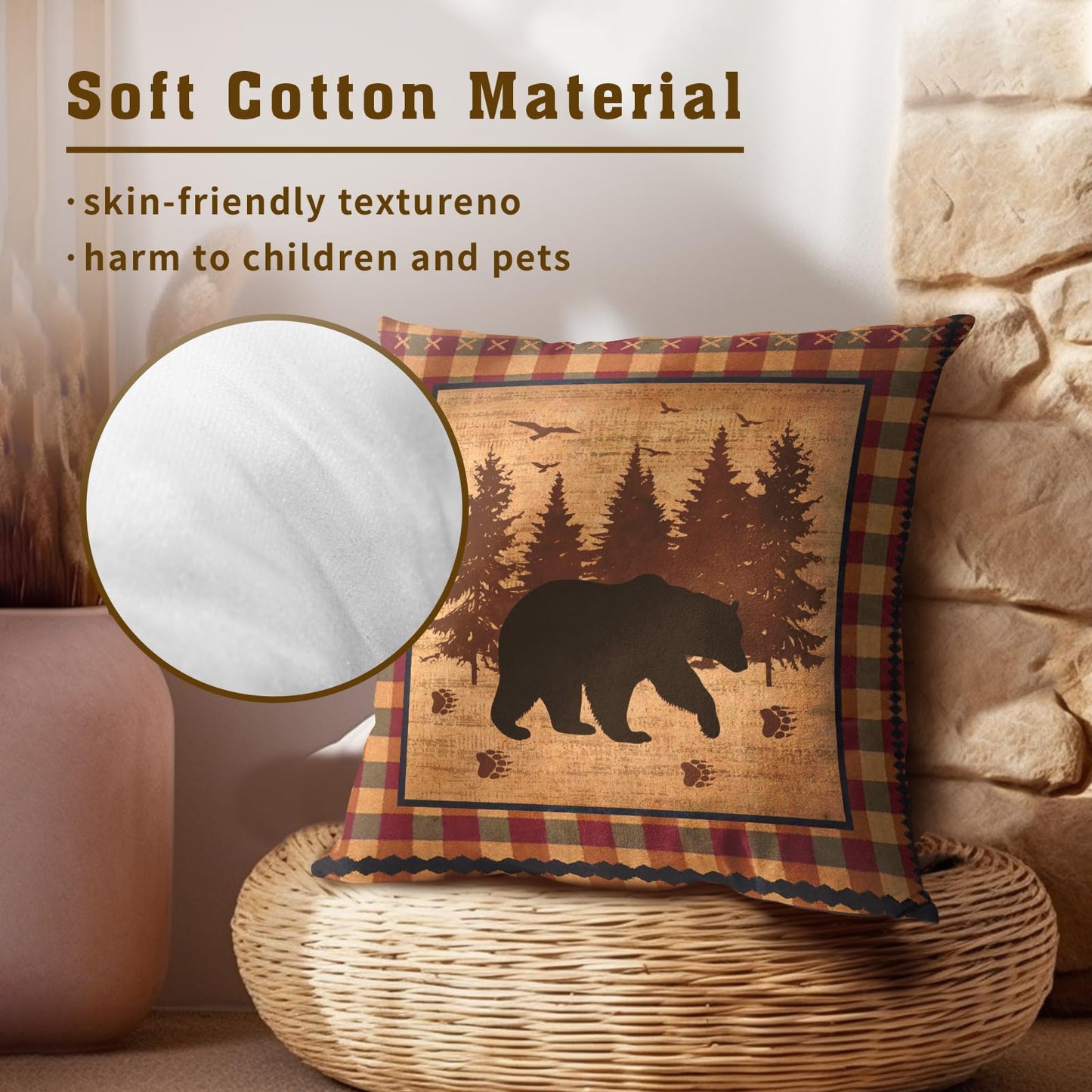 Imiss Bear Throw Pillow Covers 18x18 Inch Set of 2 Forest Cabin Nature Wildlife Square Pillowcase Buffalo Plaid Decorative Cushion Cover for Outdoor Sofa Bedroom Car