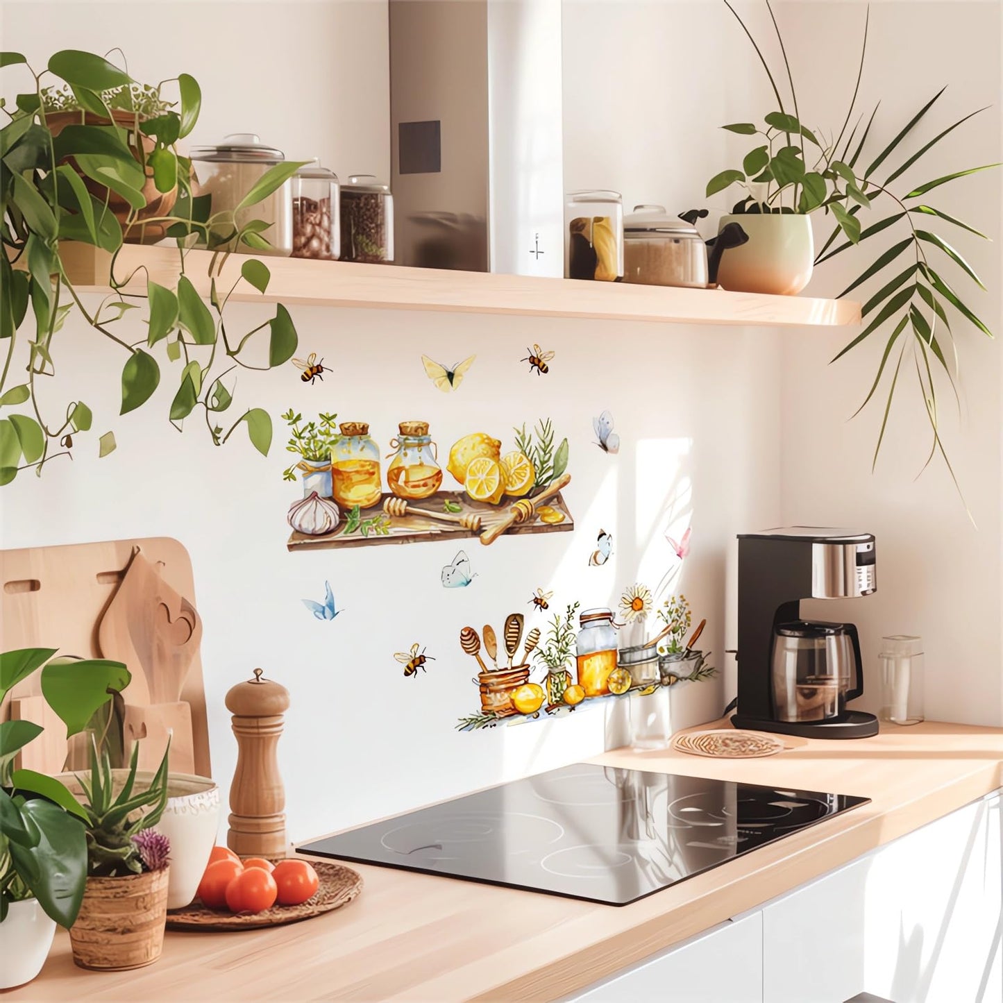 Lemon Honey Bee Butterfly Kitchen Wall Stickers, sacinora Kitchenware Utensil Shelf Yellow Fruit Wall Decals Removable Vinyl Peel and Stick Kitchen Dining Restaurant Bar Home Decorations