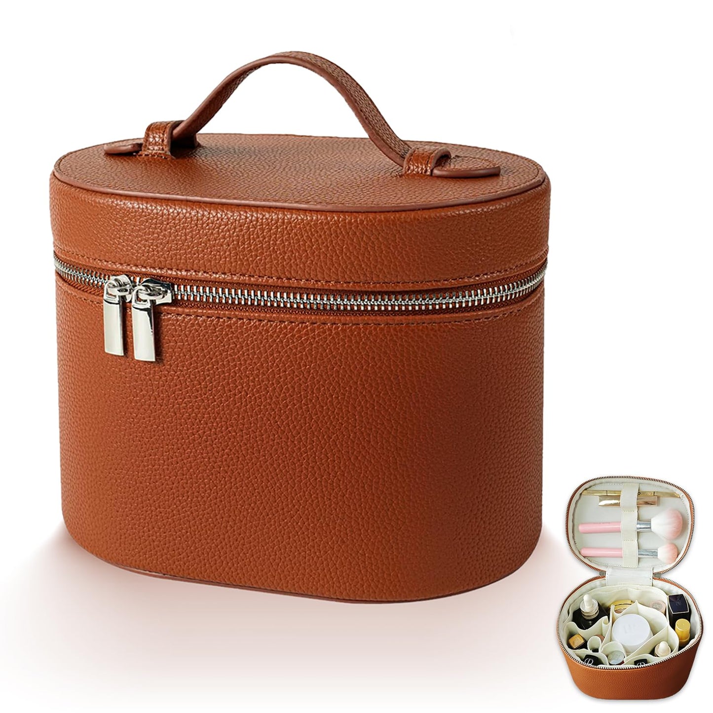 JOVOLIFE Makeup Case, Large Capacity Leather Makeup Bag with Removable Washable Compartment, Portable Waterproof Leather Cosmetic Case, Multi-functional Travel Organizer, Brown