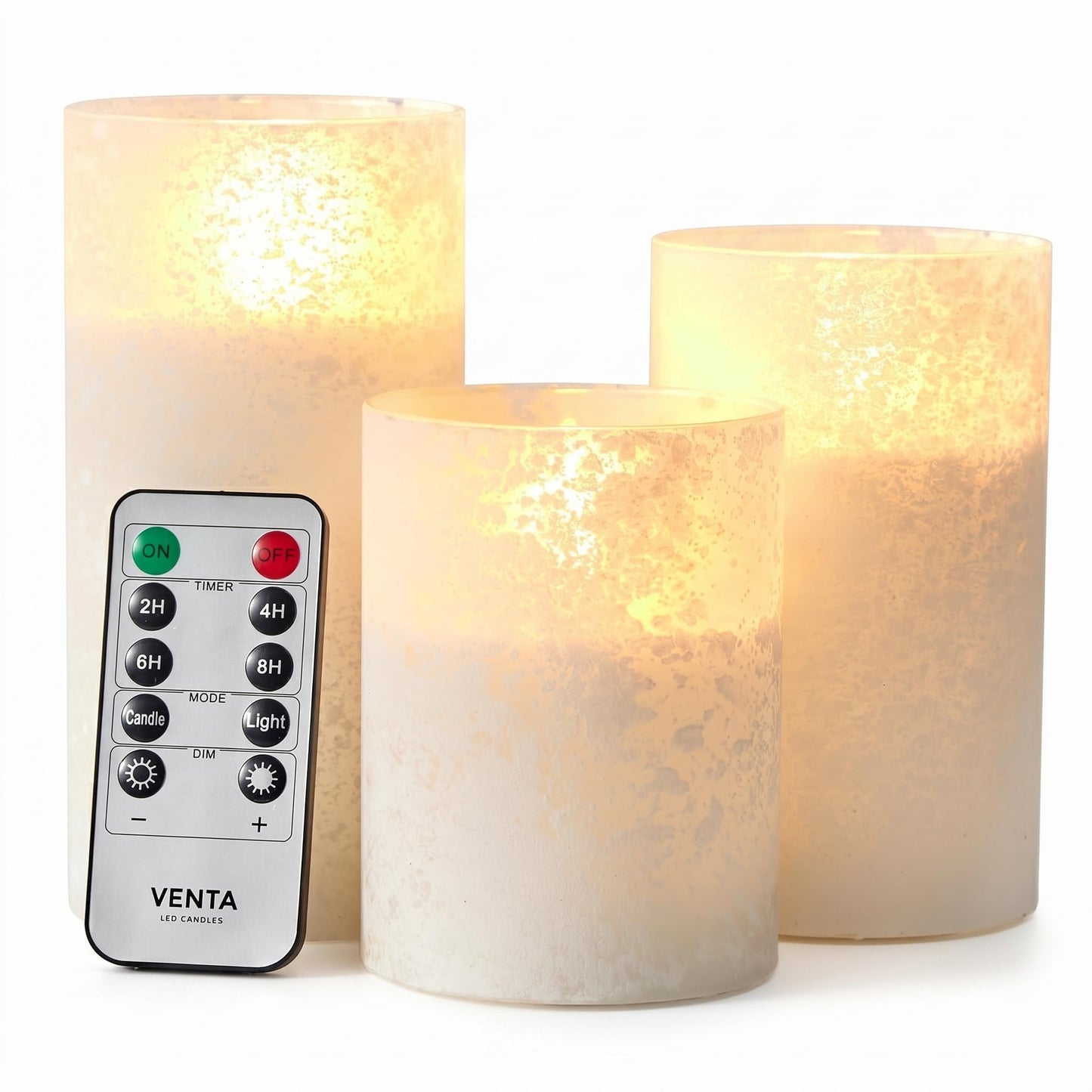 VENTA Frosted Glass LED Candles, Set of 3 | Warm Amber Flickering Pillar Candles with Remote | Creates Cozy, Relaxing Hygge Ambiance for Bedroom & Living Room