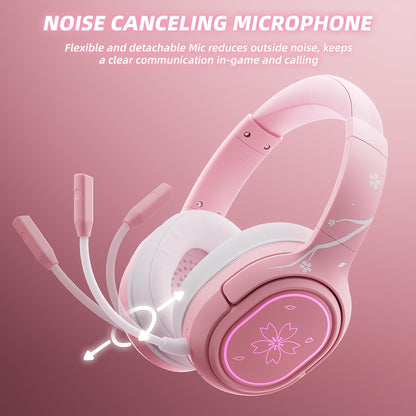 Mytrix Sakura Wireless Gaming Headset for PC, PS4, PS5, Mac, Switch, 50mm Drivers, 2.4GHz & Bluetooth Gaming Headphones with Noise Cancelling Mic, Over Ear Headphones for Xbox with Wired - Pink