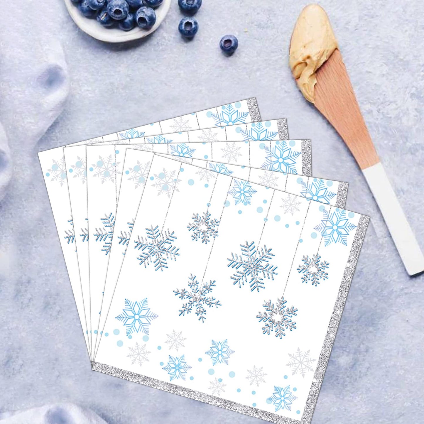 Dulousia Snowflake Napkins, Disposable Wonderland Party Paper Napkins, Luncheon Blue White Snow Theme Party Decorations, Birthday Beverage Napkin, Winter Celebration Supplies, Unfolded 13x13in, 40Ct