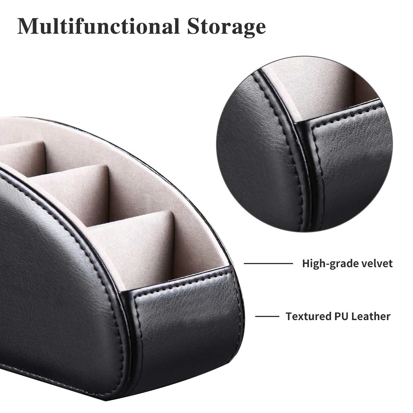 All-in-One Leather TV Remote Control Holder Black with 5 Compartments Nightstand Desktop DVD Media Player Remote Caddy Storage Box Organizer Tray For Makeup Brush Pen Stationary Table Controllers