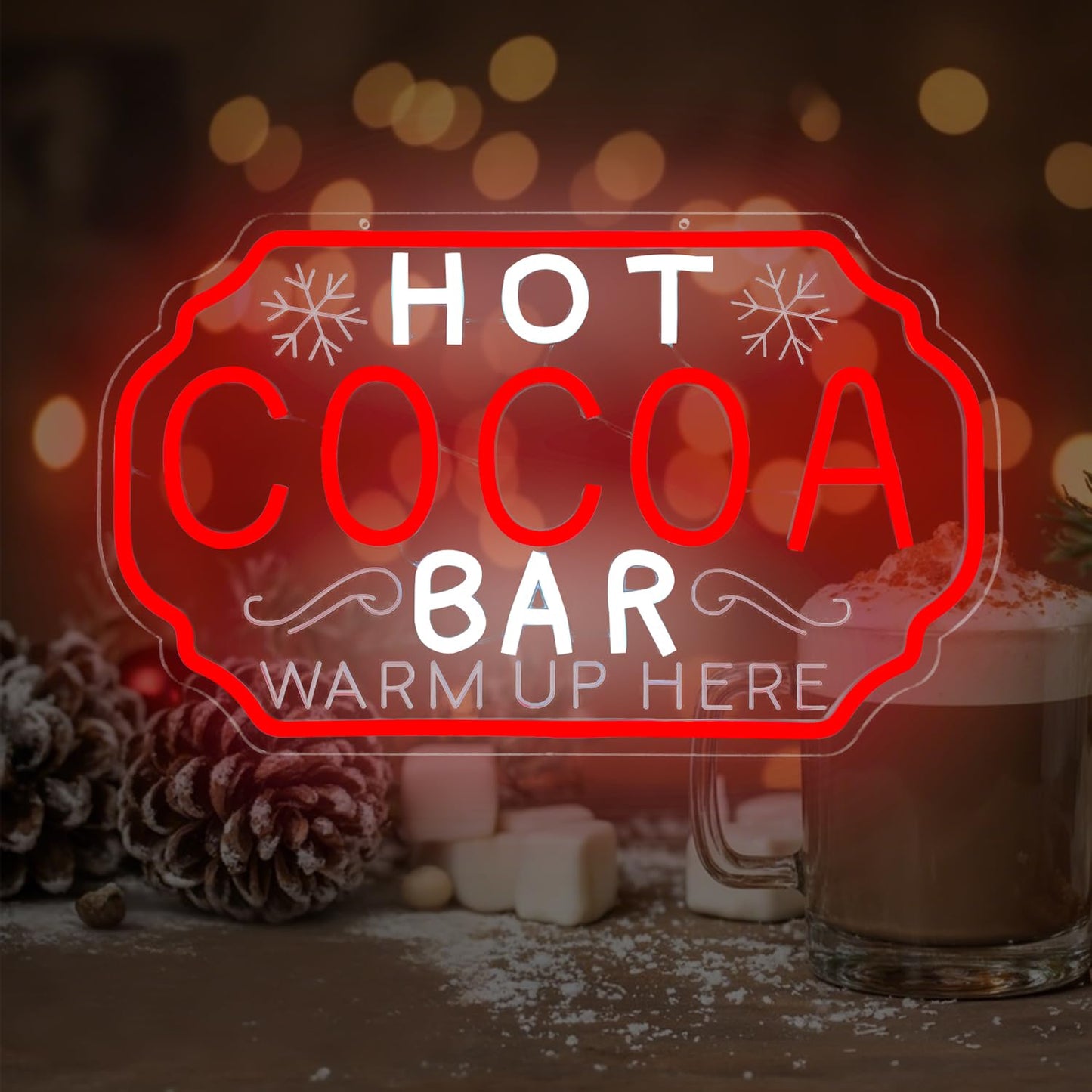 hhuohuona Hot Cocoa Bar Neon Sign Dimmable Christmas Coffee Led Sign Hot Chocolate Bar Warm Up Here Neon Lights Vintage Cocoa Light Up Sign for Kitchen Cafe Stations