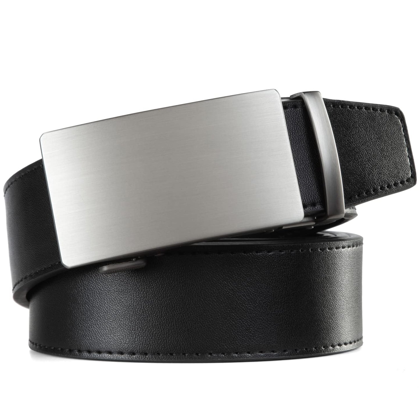 Founders & C Men's Ratchet Belt 1 3/8",Leather Dress Belt Adjustable with Click Sliding Buckle Trim to Exact Fit (Silver Buckle-Black, 28"-42" Waist Adjustable)