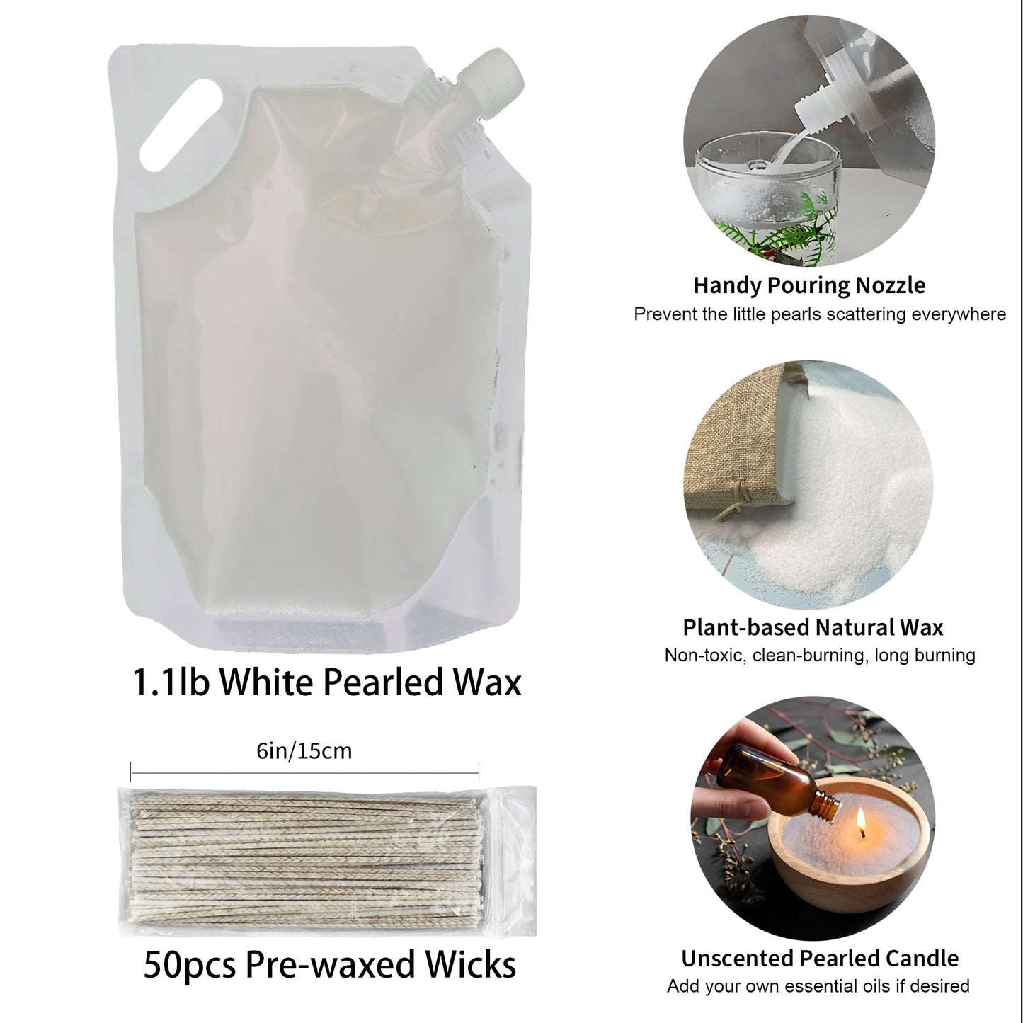 Pansyling Pearled Candle Sand Set, Refillable 1.1Lb Sand Wax, 50 X 6”Candle Wicks, Smoke Free Powder Snow Candles Sand Wax, 120 Hours Burning Time DIY Candle Making Kit, White