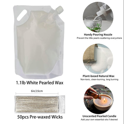Pansyling Pearled Candle Sand Set, Refillable 1.1Lb Sand Wax, 50 X 6”Candle Wicks, Smoke Free Powder Snow Candles Sand Wax, 120 Hours Burning Time DIY Candle Making Kit, White
