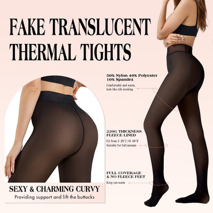 Vertvie Thermo Strumpfhose Damen Warme Dicke Fleece Thermostrumpfhose Gefälschte Durchscheinend Leggings High Waist gefütterte Pantyhose Winter