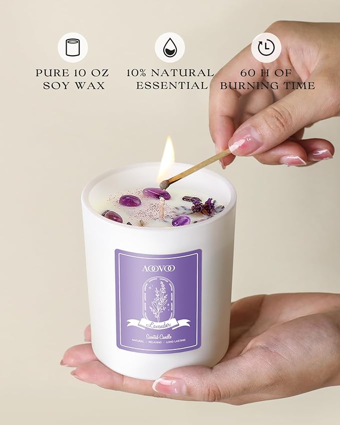 AOOVOO Rose/Vanilla/Eucalyptus/Lavender Scented Candles for Women - Aromatherapy Candle with Crystals Inside, 40oz Soy Candles for Home Scented, Birthday Gifts Christmas Candle for Women Mom