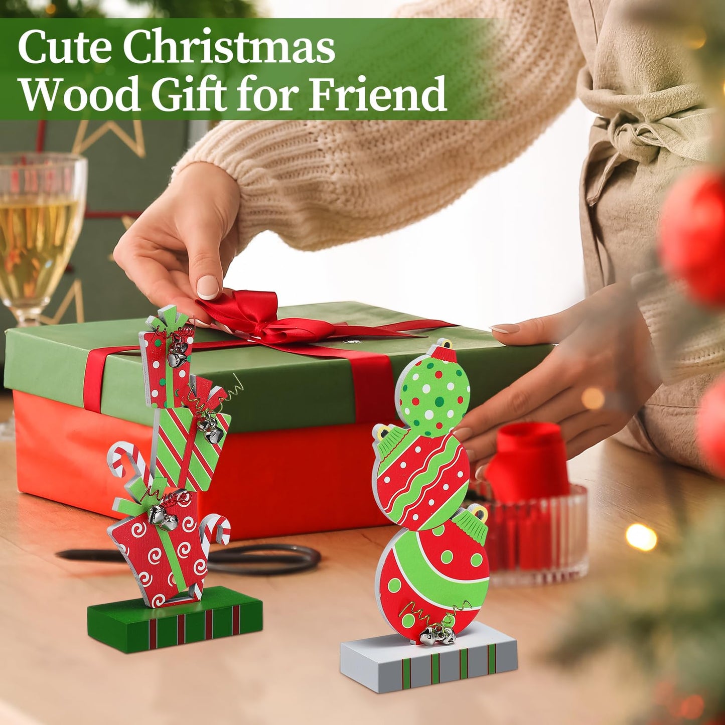 Amyhill 2 Pcs Christmas Table Decorations 5.9 Inch Wooden Xmas Centerpieces Red Green Gifts Box and Ball Ornaments Shape Christmas Signs Tabletop with Bells for Table Shelf Fireplace Holiday