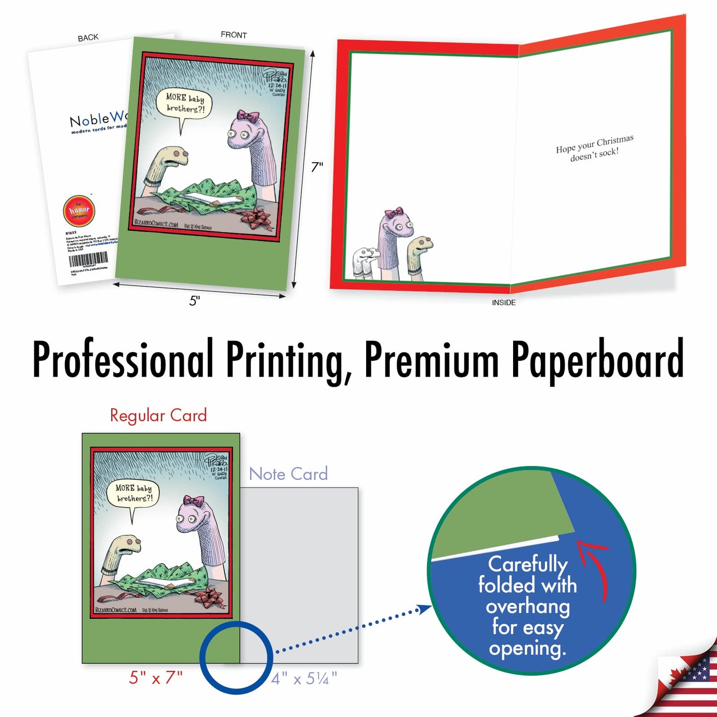 NobleWorks - Box of 12 Cartoon Christmas Cards Funny - Bulk Pack of Holiday for Xmas, Humor Notecard Set 1x12 Designs - little one Sock Brothers B1852