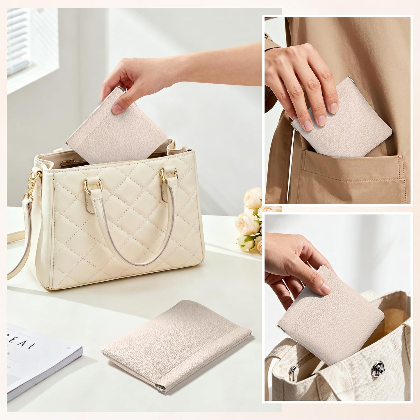 Sightor Leather Pocket Cosmetic Bag for Purse, 2 Pack Small Makeup Bag for Women Coin Purse Lipstick Cosmetic Accessories Organizer Travel Cosmetic Pouch (Creamy)