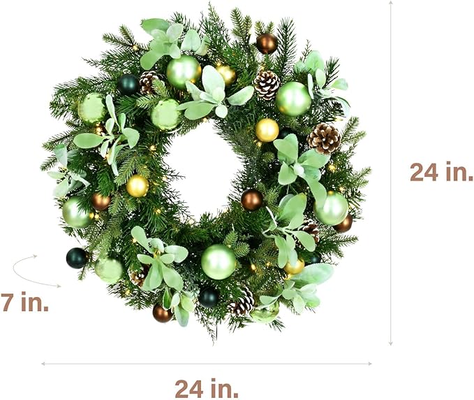 Fraser Hill Farm 24-in. Prelit Holiday Wreath with Pinecones and Metal Ornaments, White Micro-LED Light-Up Design for Indoor or Covered Outdoor Use on Porch, Patio, Kitchen