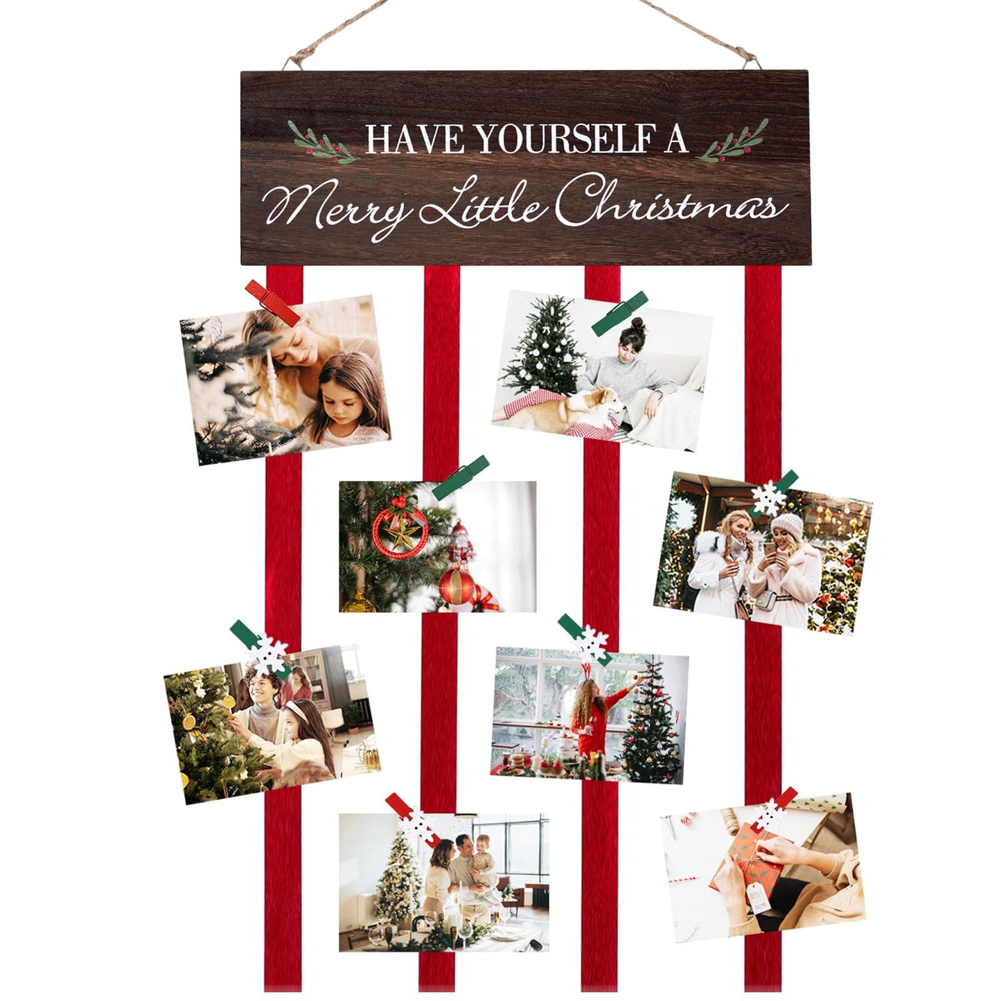 Christmas Card Holder Display, Merry Christmas Wooden Hanging Picture Holders, Xmas Card Display with 24 Photo Clips, Xmas Wall Door Window Home Decor