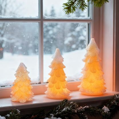 CHUANGLI 3 Pcs Glittering White Christmas Tree Shaped Candle Flickering Flameless LED Candles with Remote, Real Wax Battery Operated Candle for Christmas Home Party Decoration and Gift